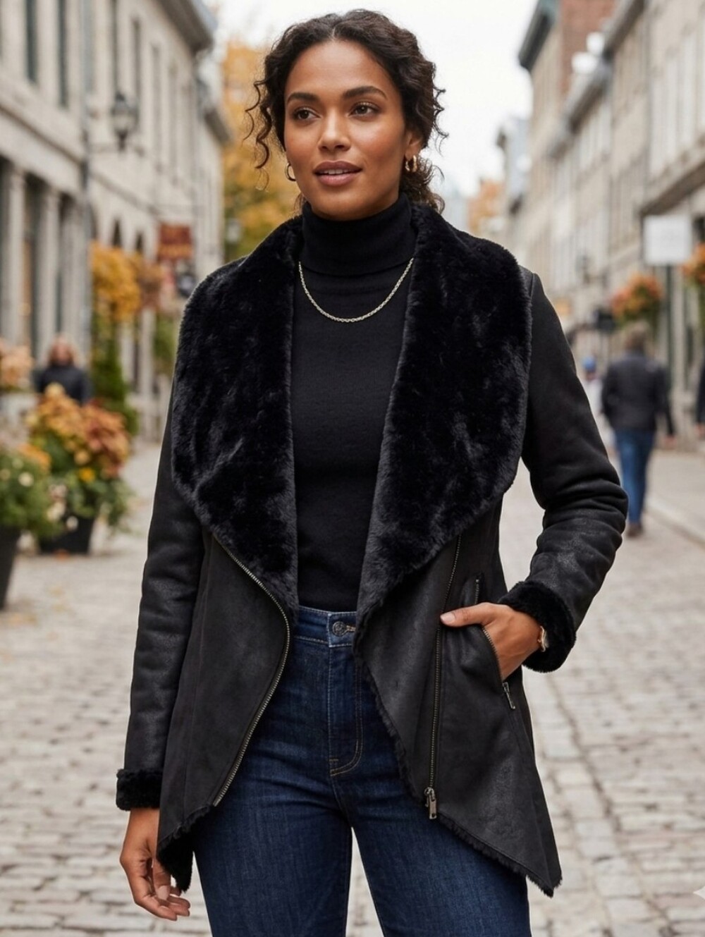 BNCI by Blanc Noir faux leather plush faux fur lining drape jacket. Black. Size